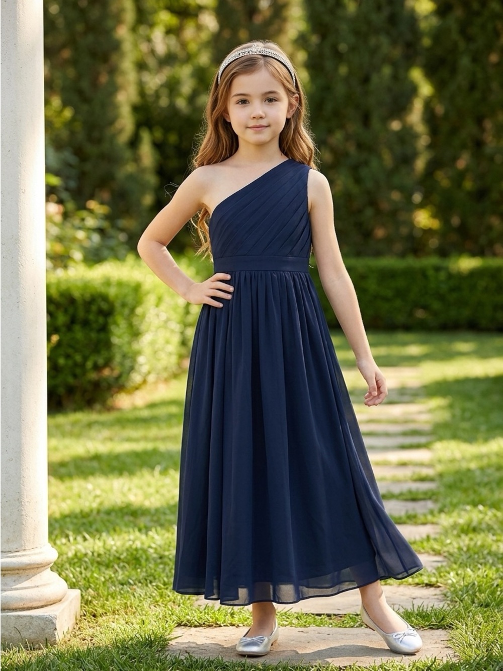 Girls One-Shoulder Navy Chiffon Dress